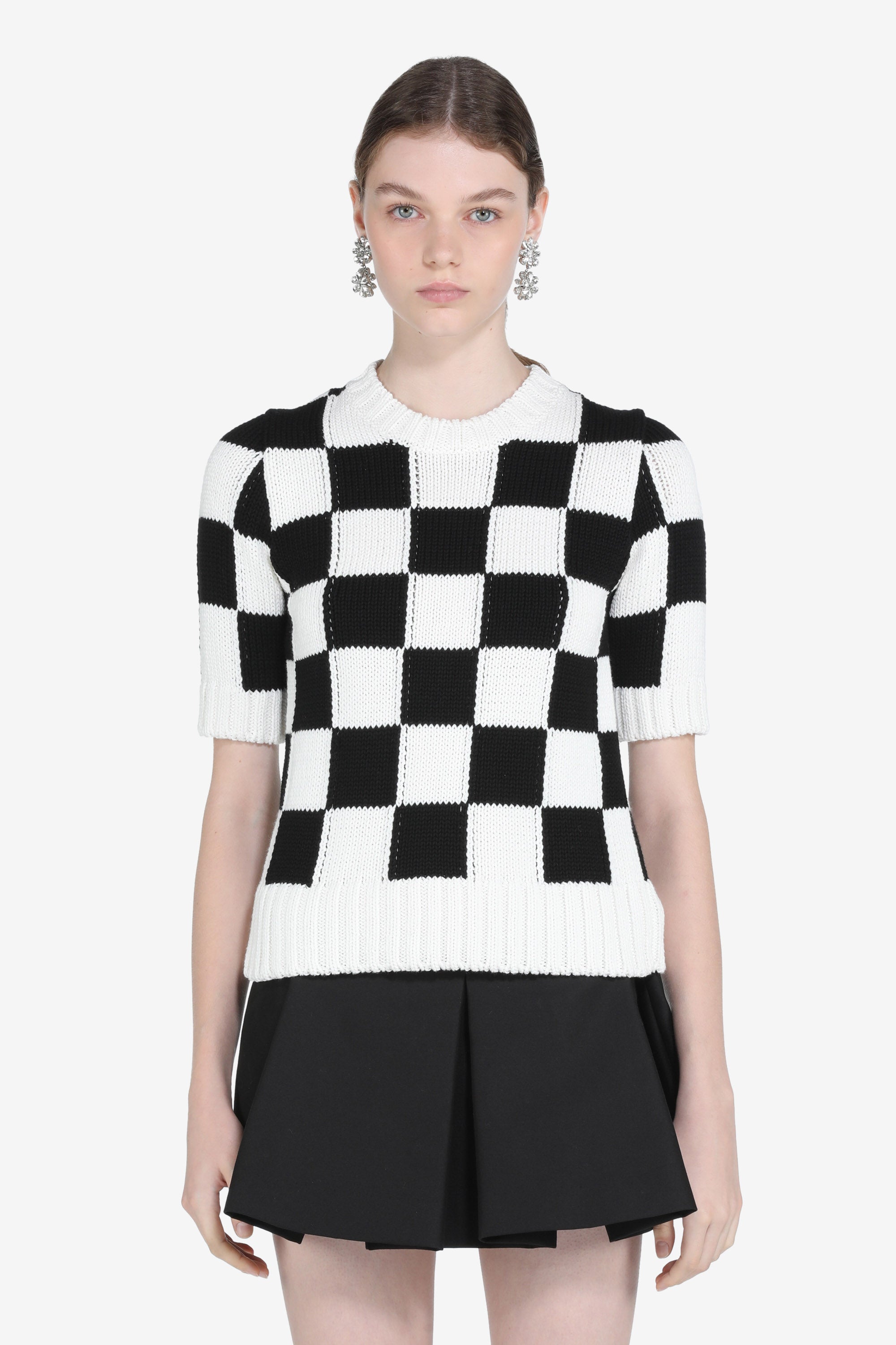 Checkered Crew-Neck Knit Top