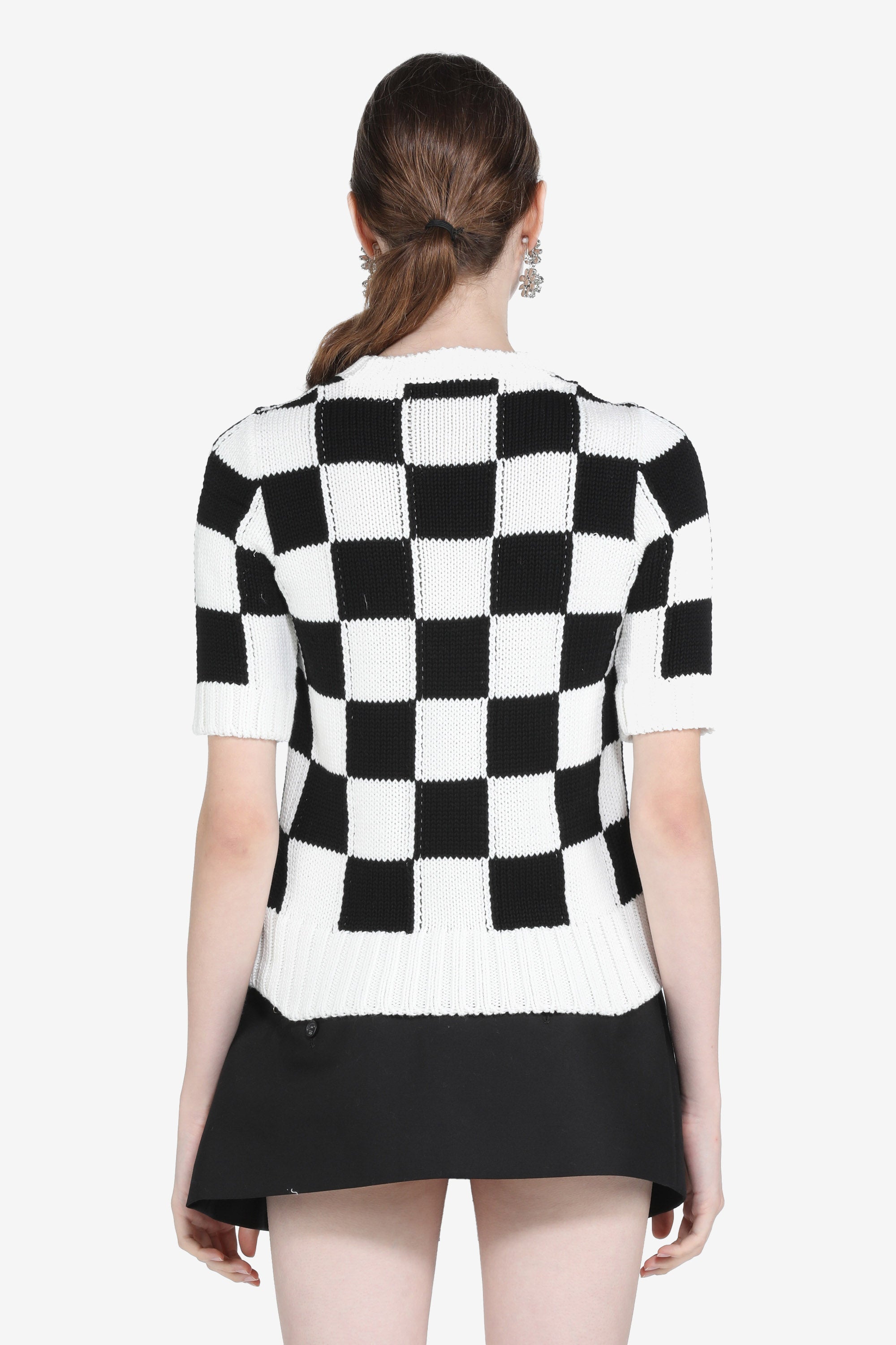 Checkered Crew-Neck Knit Top