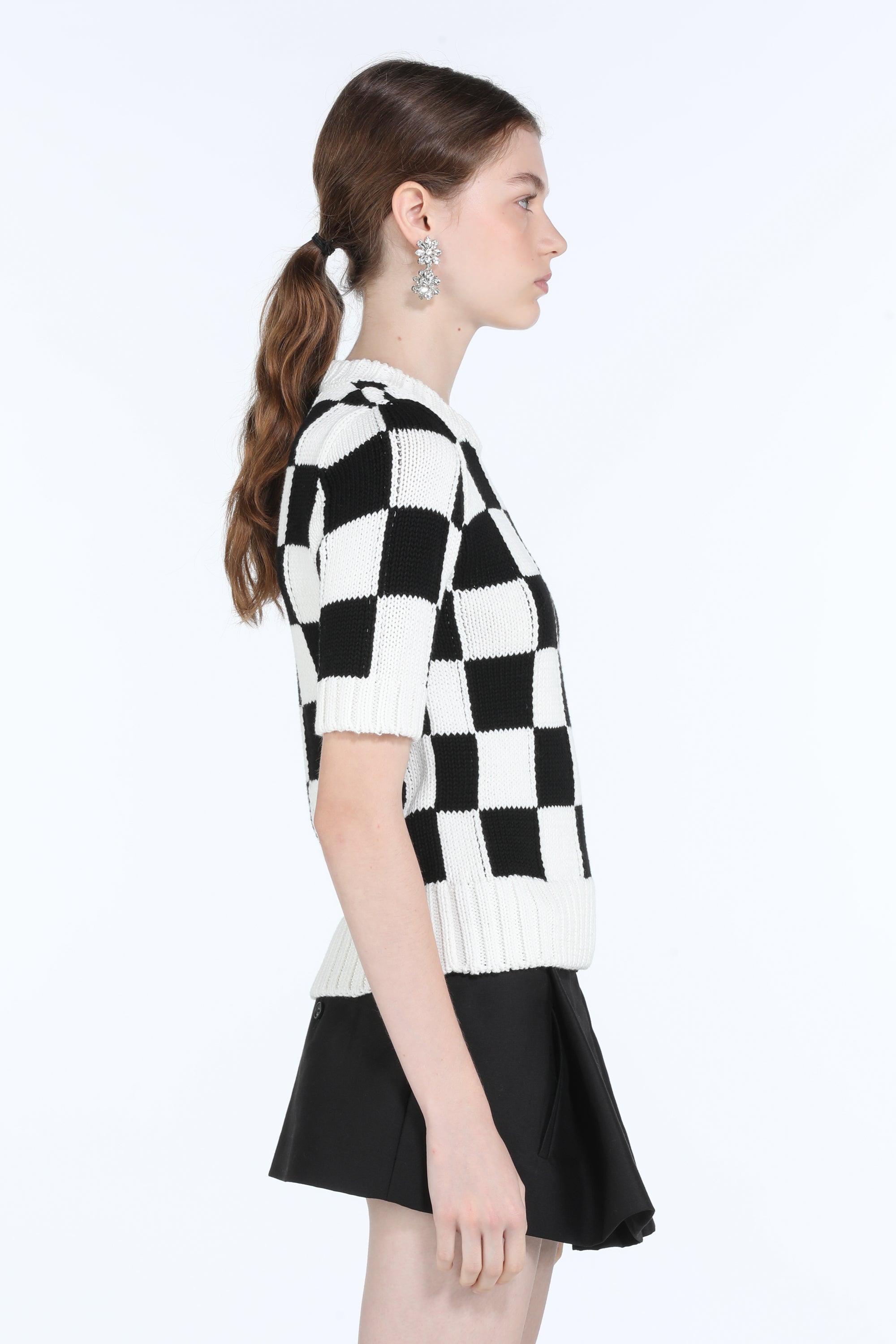 Checkered Crew-Neck Knit Top