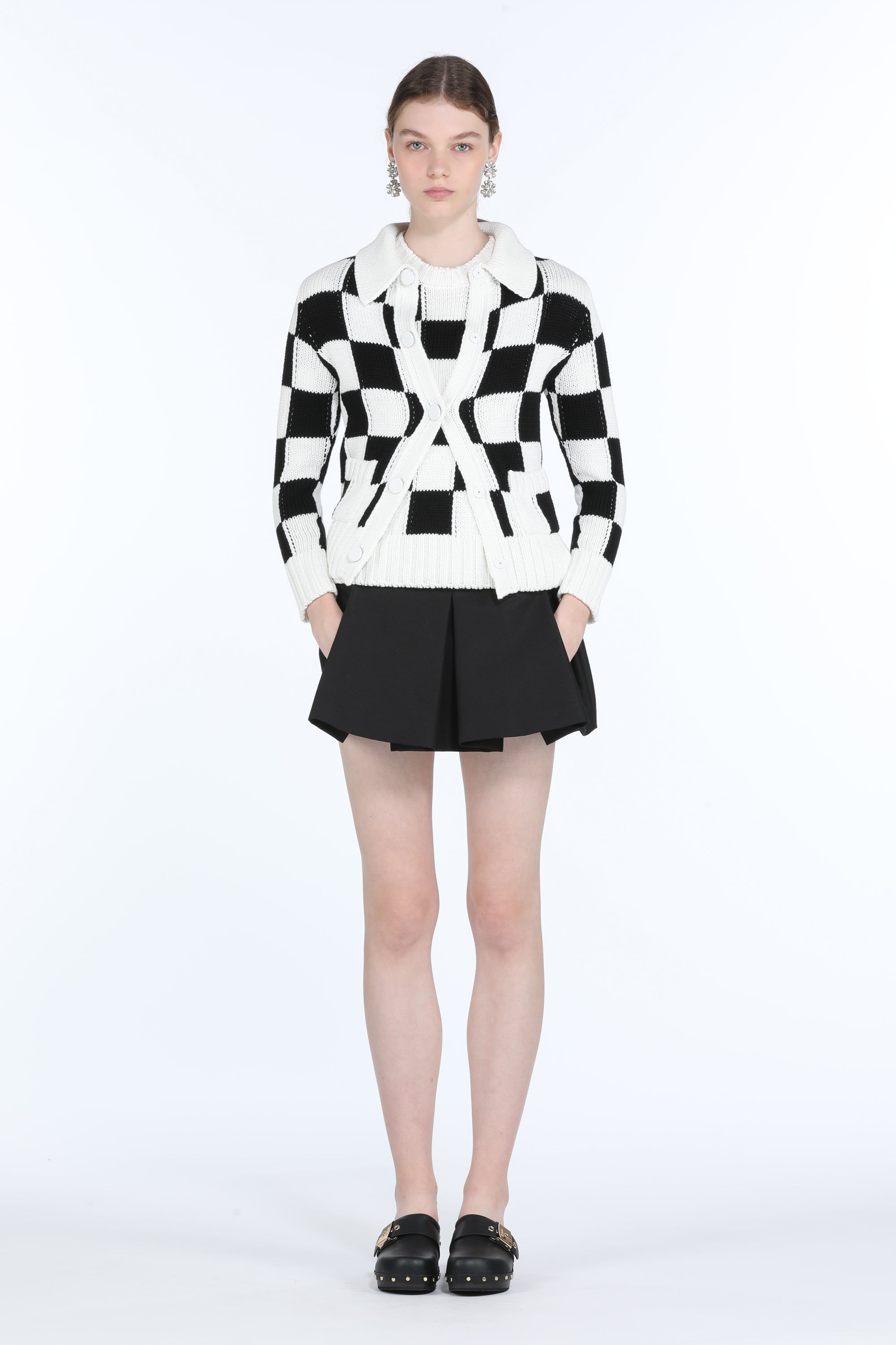 Checkered Crew-Neck Knit Top