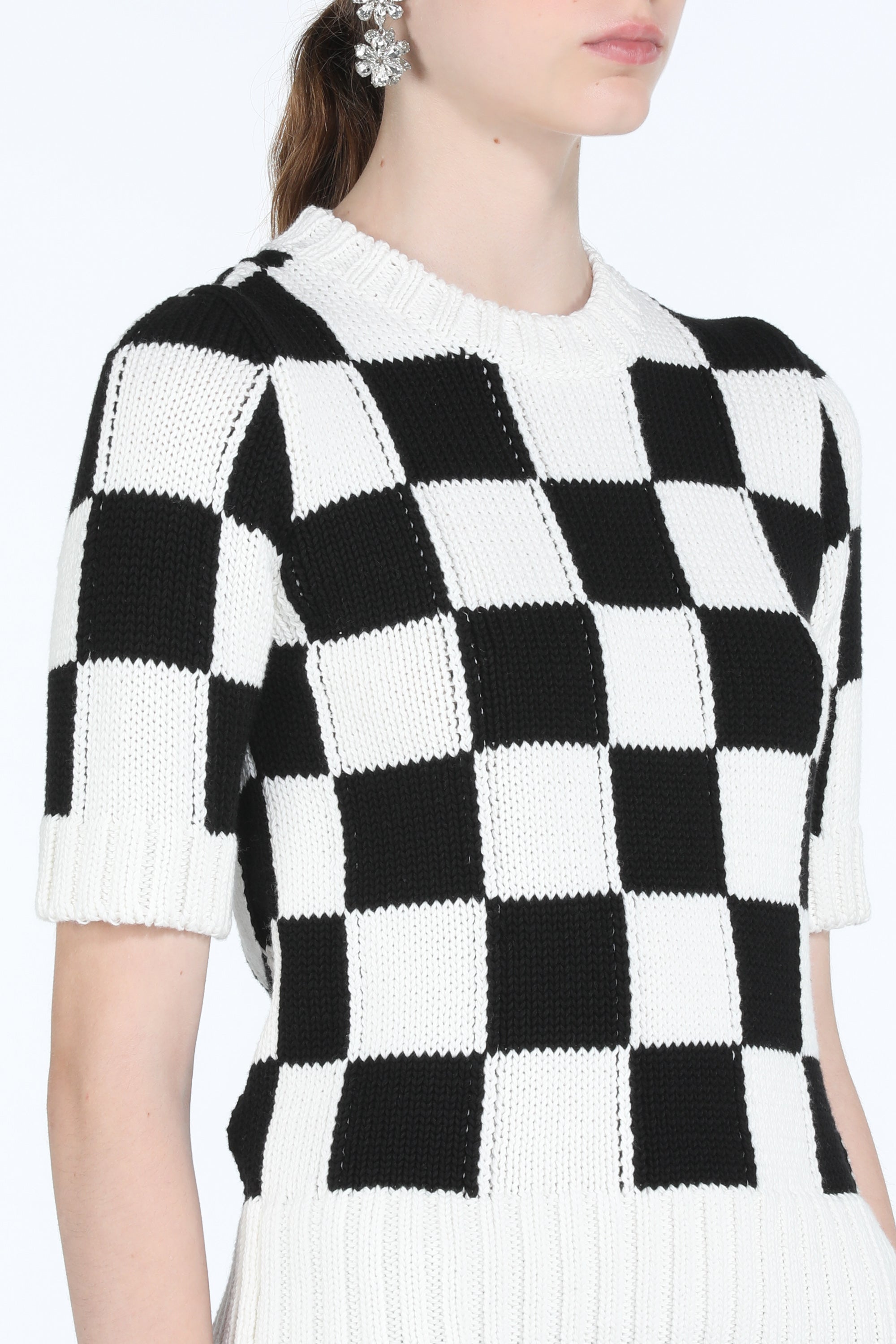 Checkered Crew-Neck Knit Top