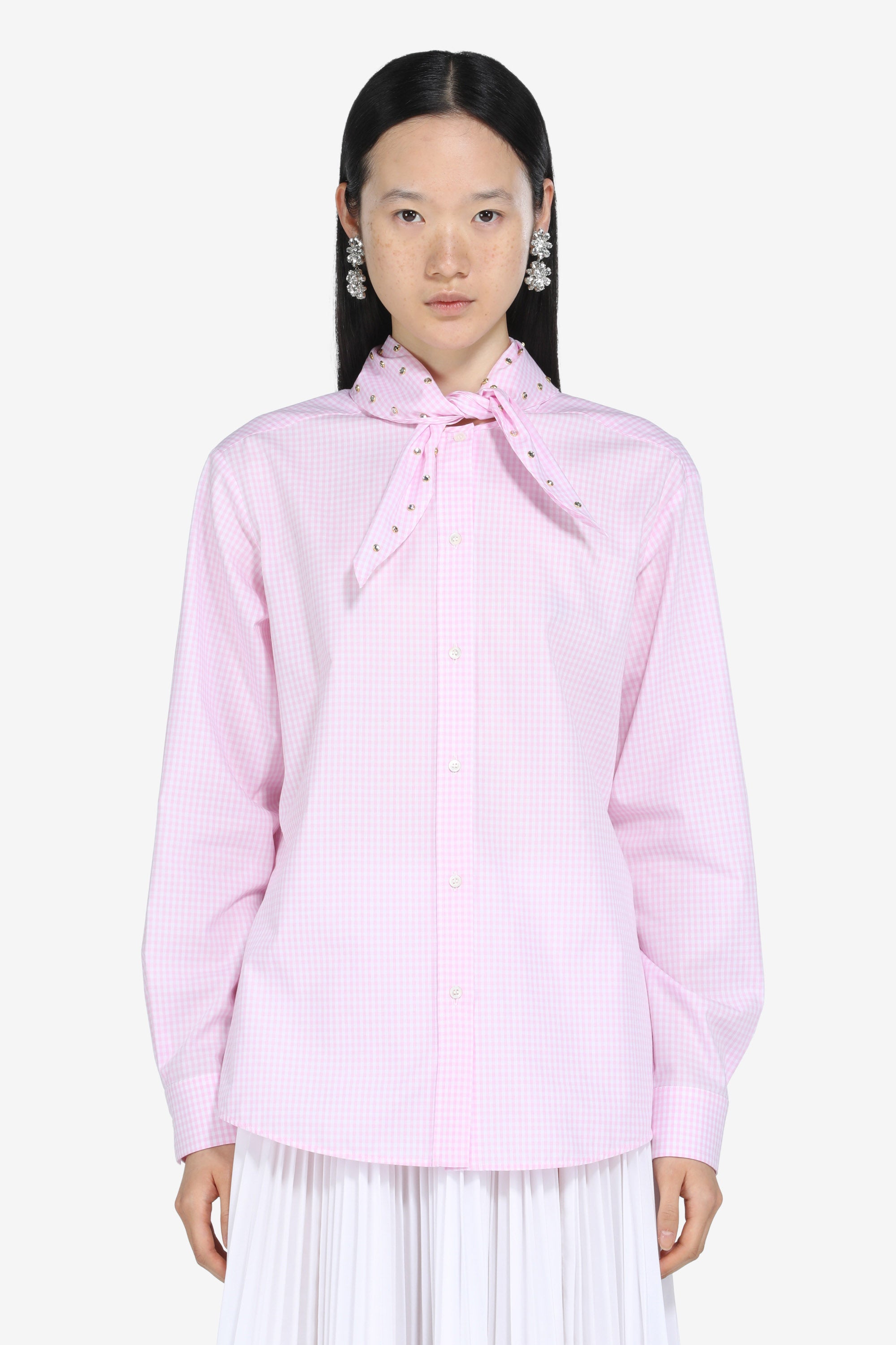 Scarf-Collar Gingham Shirt