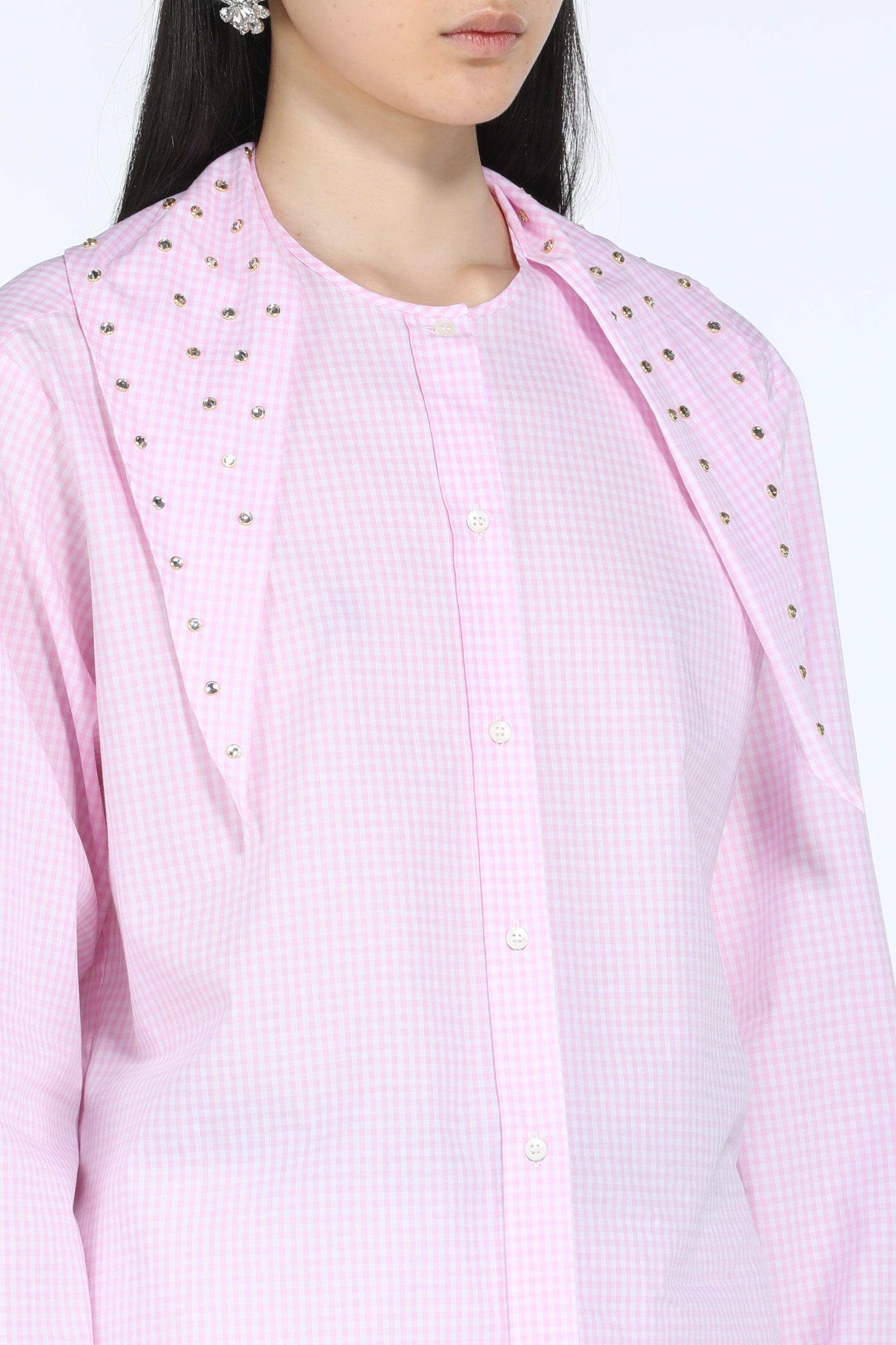 Scarf-Collar Gingham Shirt